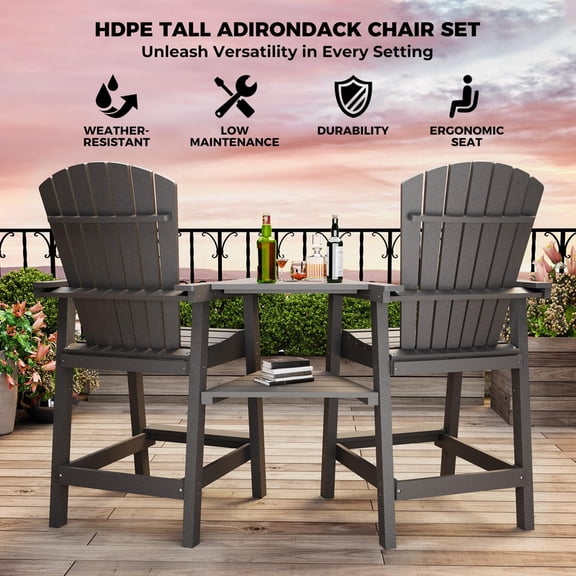 TROPOW Outdoor Recycled Poly Adirondack Barstools with Connecting Tray, Tall Adirondack Chairs Bar Chairs for Deck, Balcony, Backyard, Patio Bar Stool Chair with High Back Weather Resistant