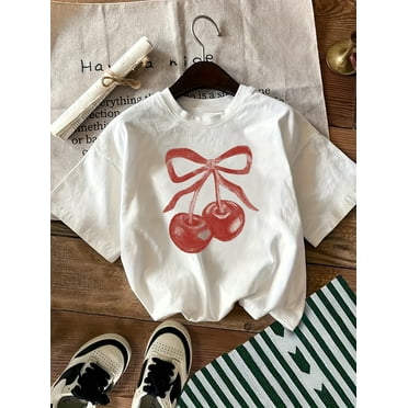 NANLONA  Vintage-Inspired Cherry Bow Print Summer Breeze - Breathable Polyester Casual Crew Neck Short Sleeve Top for