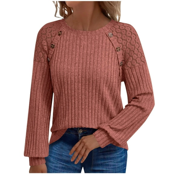 Trendy Tops for Women with Buttons Ribbed Knit Sweater Hollow-Out Lace Raglan Long Sleeve Crewneck Plain Pullover (XL, Watermelon Red)