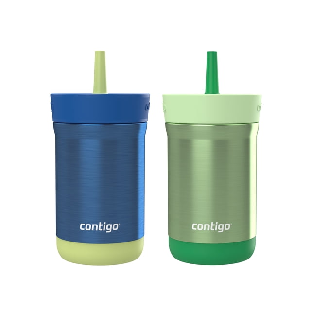 Two Contigo Kids Leighton 12 oz spill-proof stainless steel tumblers with straws in blue-green and light-dark green colors.