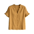 thumbnail image 3 of Women's Button Down Shirts Short Puff Sleeve Dressy Tops Casual Loose Fit Cotton Linen Tshirts 2026 Yellow L, 3 of 8
