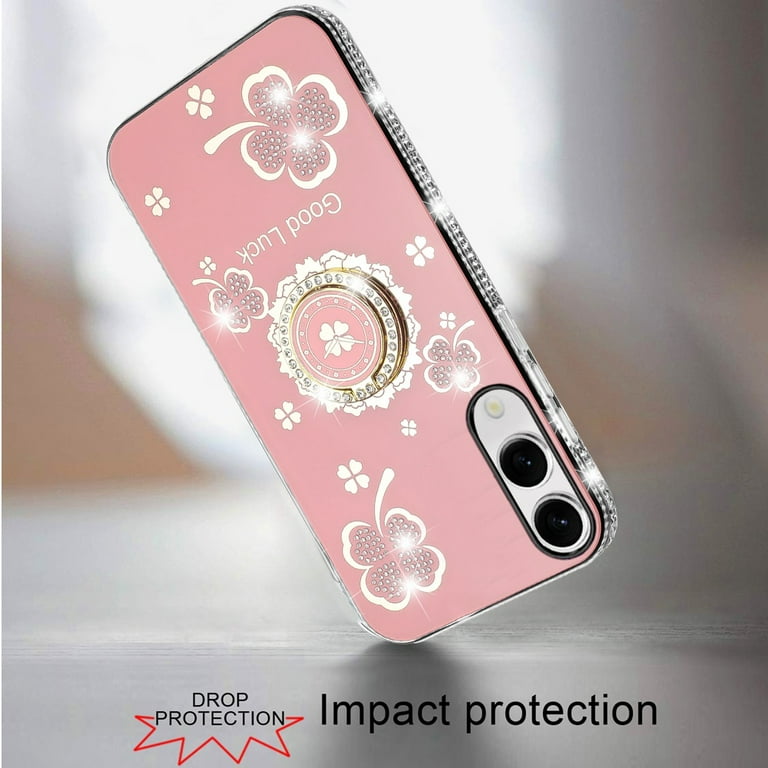 For Samsung Galaxy S25 EDGE Case, Diamonds Bling All Around Edges Sparkly  Glitter Hybrid with Ring Stand Holder Fashion Good Luck Phone Cover (Pink)  - Walmart.com