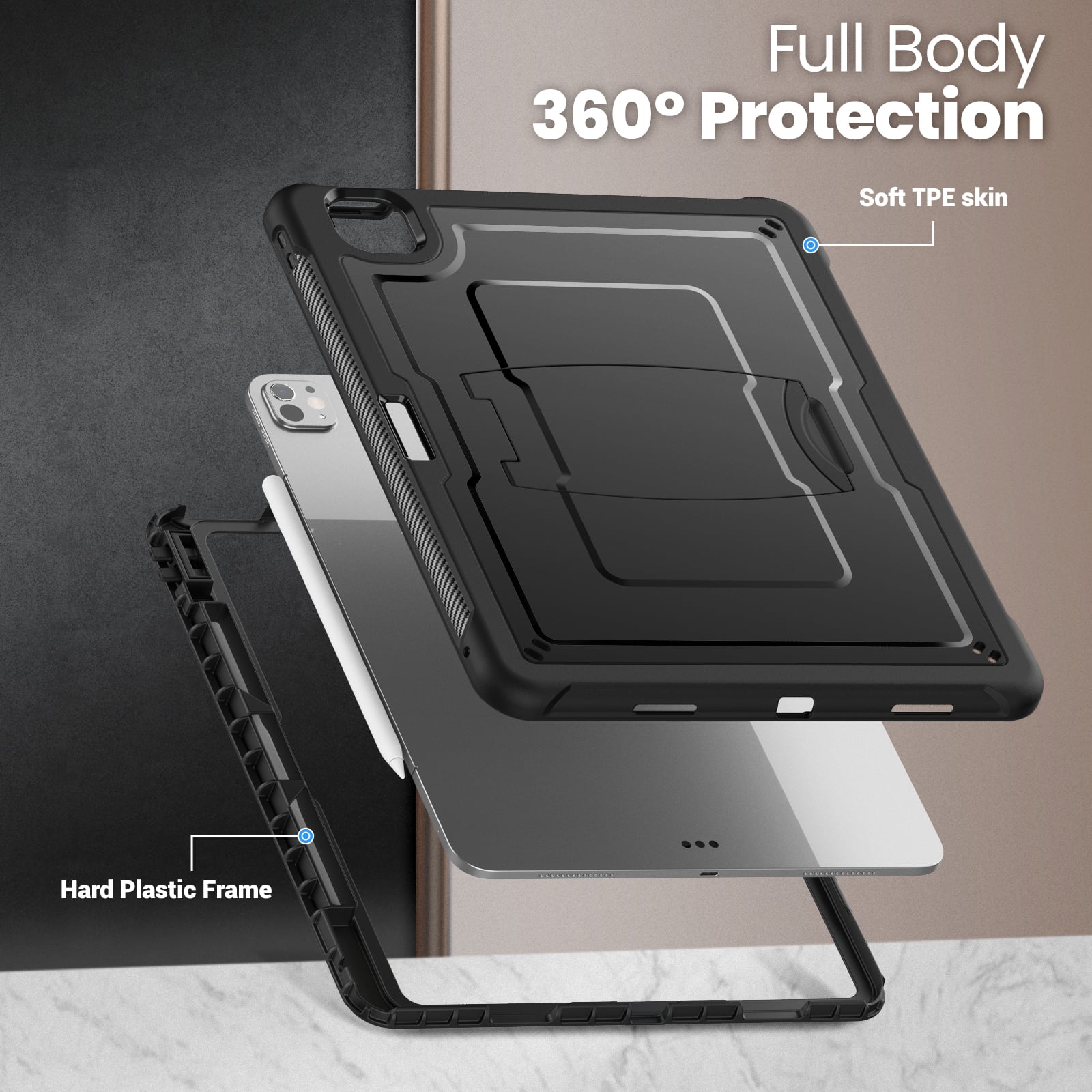 Allytechgroup Case for Apple iPad Pro 13 inch (M4) 2024 with Pencil Holder/ Support Pencil 2nd & Magnetic Attachment Wireless Charging Kickstand Hard PC + Soft TPU Shockproof Stand Rugged Cover, Black