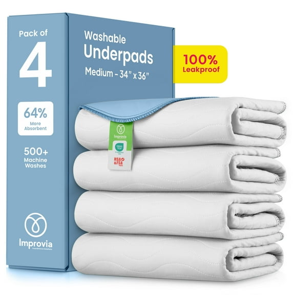 IMPROVIA Washable Bed Pads Heavy Absorbency Reusable Incontinence Pads, 34" x 36” 4-Pack ( white & blue)