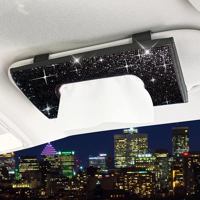 Bling Bling - Soporte para caja de pañuelos para visera de coche, soporte para servilletas de cristal brillante, funda de pañuelos para asiento trasero de piel sintética, accesorios para coche pa