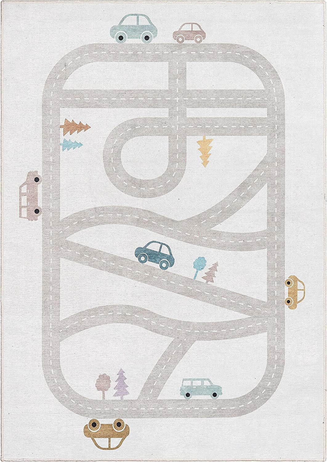 Well Woven Kids Rugs Playful Roads Modern Cartoon Grey Printed Distressed Machine Washable 5' x 7' Area Rug