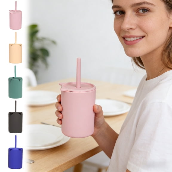 Silicone Learning Cup With Lid Straw – Spill Proof Shatterproof Training Tumbler, Food-Grade Insulated Drinking Cup, Reusable Portable Water Cup