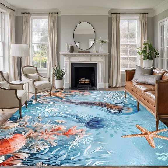8'x10' Area Rugs, Blue Coastal Jellyfish Indoor Outdoor Area Rug for Living Room Bedroom, Summer Beach Starfish Botanical Washable Bathroom Rugs Kitchen Floor Carpet Mats Home Decor Aesthetic
