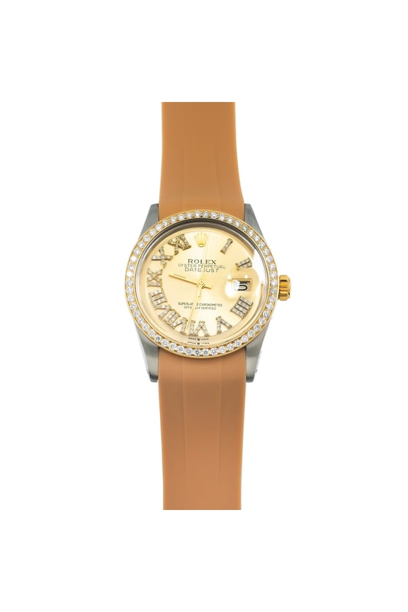 Pre-Owned Rolex Datejust 36MM 1601 Champagne Roman Diamond Dial Diamond Bezel Brown Rubber Strap