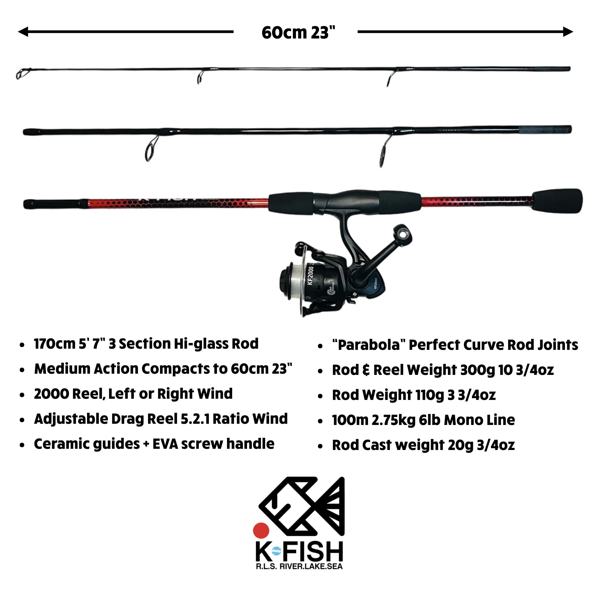 Rigged and Ready K-Fish Fishing Rod and Reel Combo Set with Line, Lures & Accessories + Angling Guide. 6ft Fish Pole Combination Saltwater freshwater (K-Fish Combination)