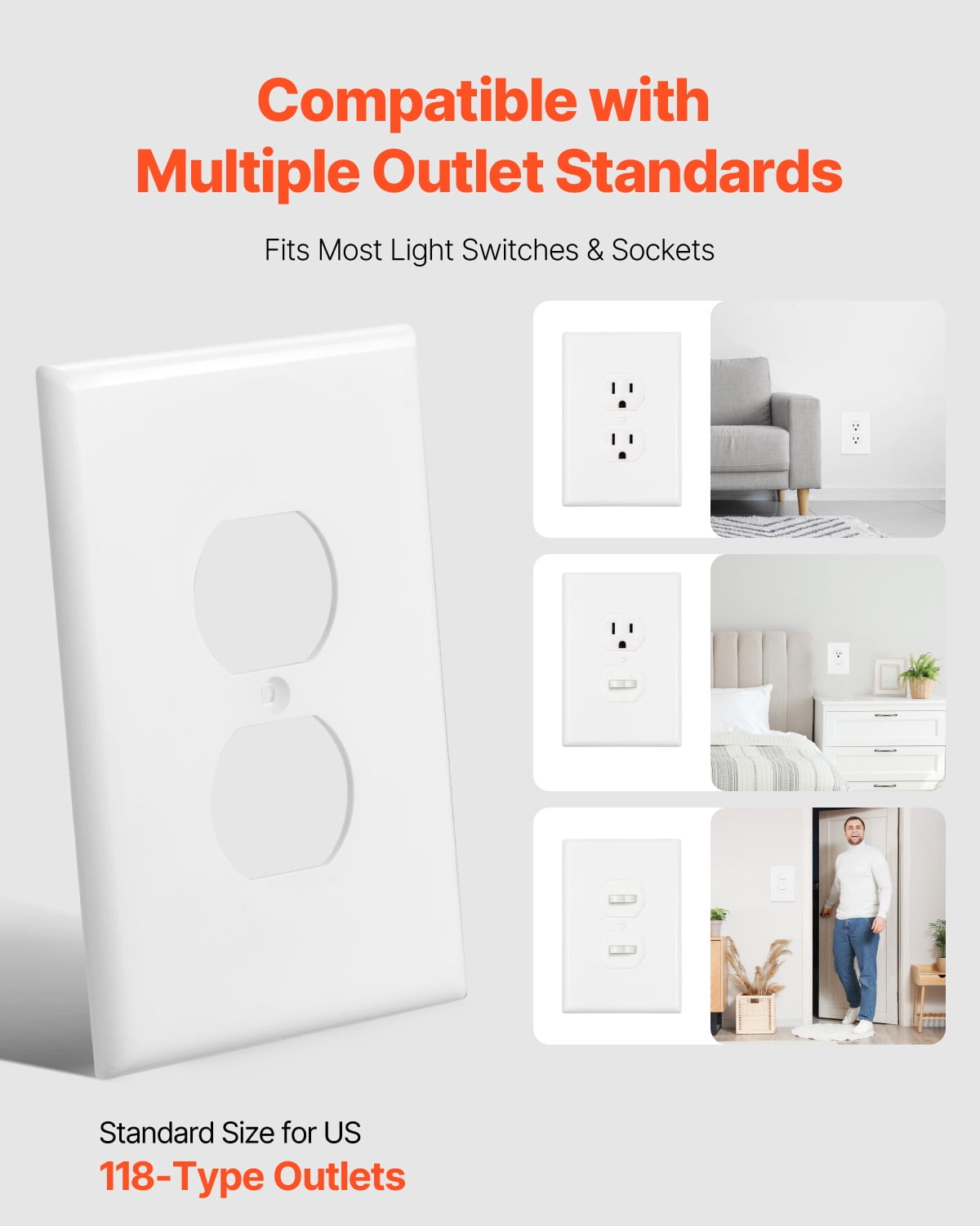 VEVOR 1-Gang Duplex Outlet Covers, 10 Pack Standard Size Wall Outlet Cover, Unbreakable and Impact-Resistant Polycarbonate Thermoplastic, Dual Receptacle Faceplate, for Electrical Outlets, White