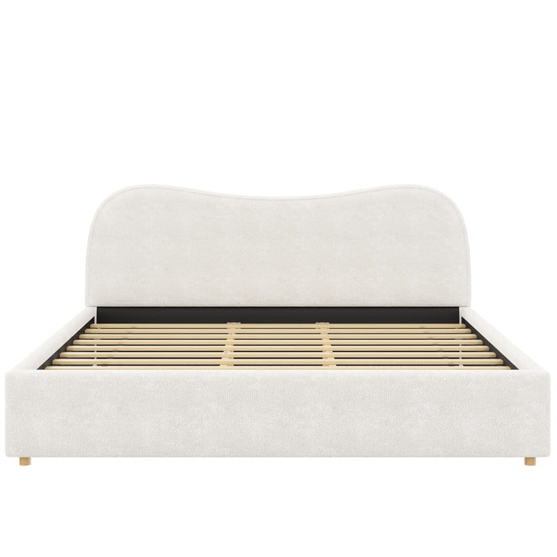 King Size Boucle Upholstered Platform Bed with Wooden Slats, Short Legs Low-Profile Bed Frame with Curved Headboard
