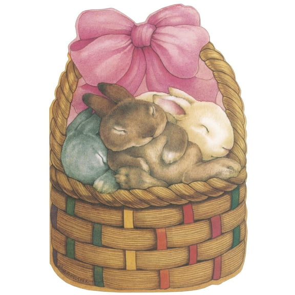 Recycled Paper Greetings Bunnies Sleeping in Wicker Basket Die Cut Easter Card