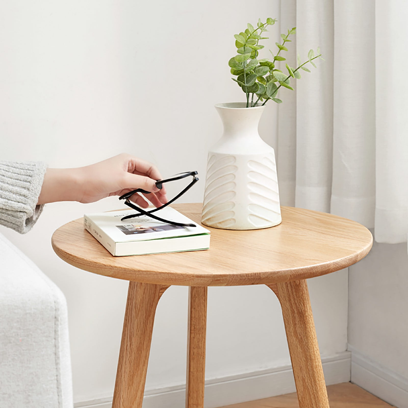 Solid Oak Wood Round Side Table, Minimalist 3-Leg End Table, Multi-Purpose Nightstand Coffee Table Easy to Assemble for Living Room Bedroom Balcony