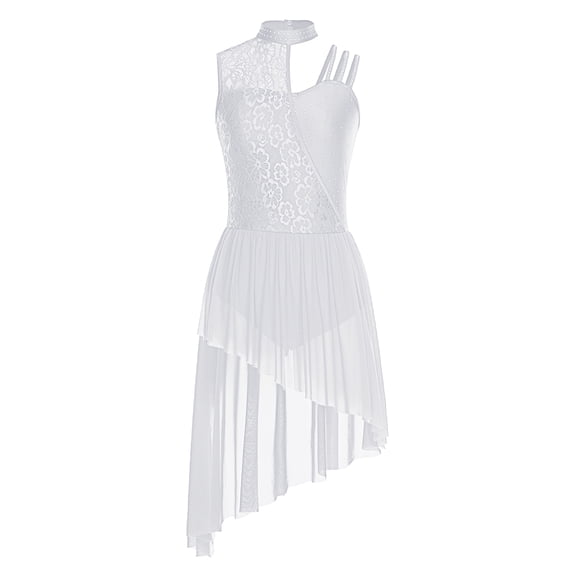 SiiRoh Women's Lyrical Dance Dress Sleeveless Asymmetrical Flowy Tulle Skirt Leotard Dancing Party White XS