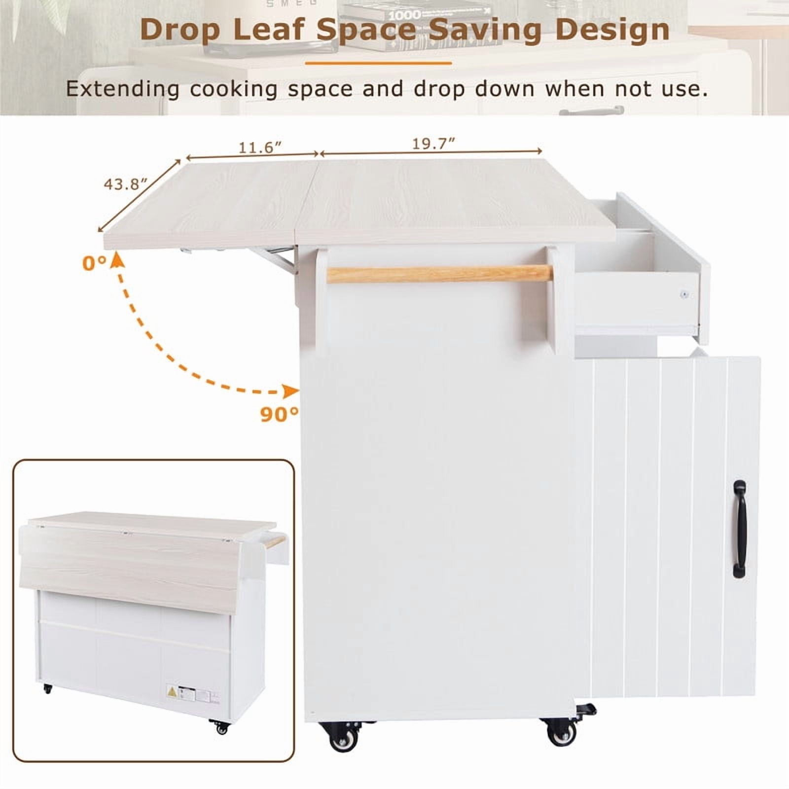 Versatile Rolling Kitchen Island with Trash Can Storage Cabinet, Indoor Kitchen Serving Cart with Drop Leaf, Racks & Drawers