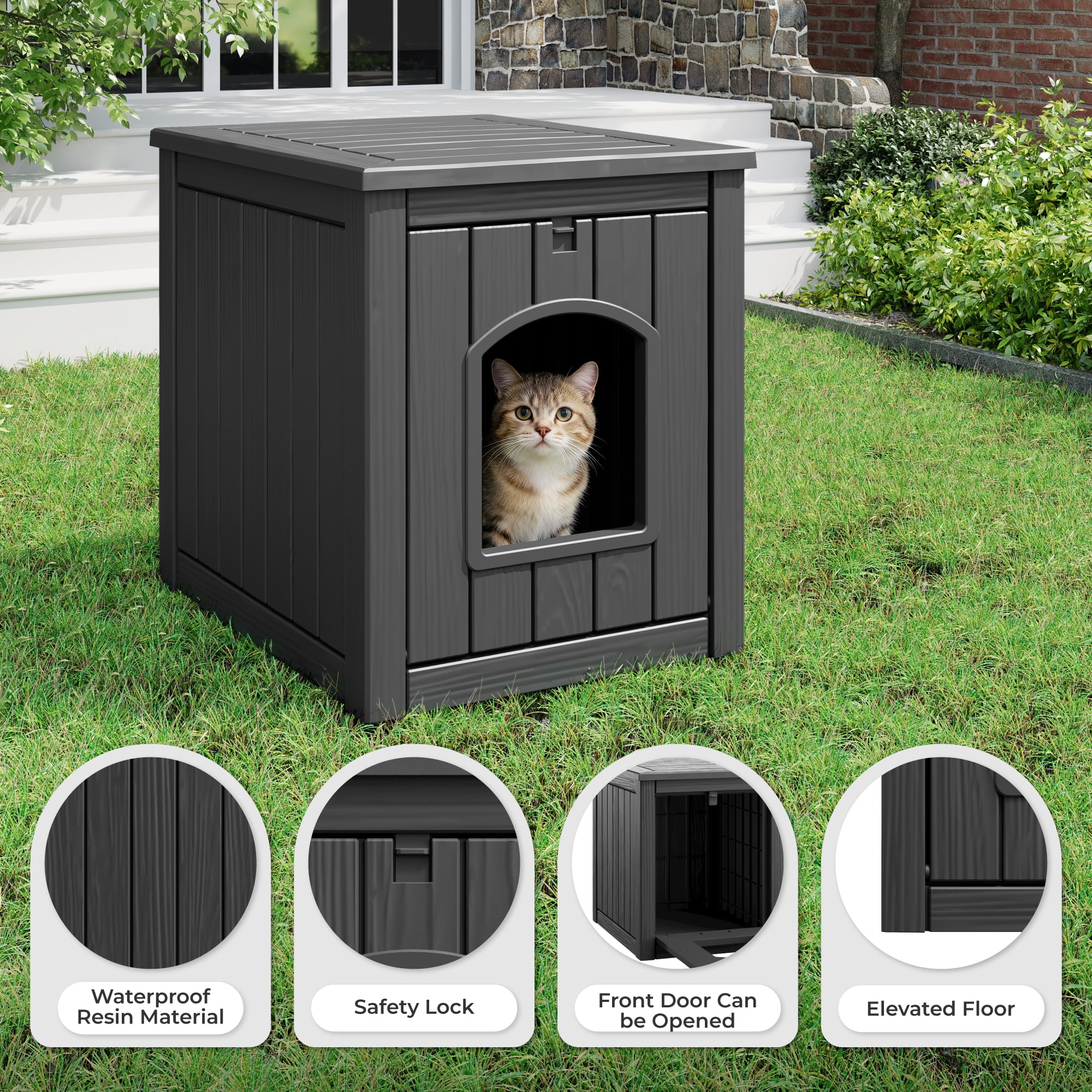 LHBcraft Outdoor Cat House, Weatherproof PP Cat Shelter for Feral & Stray Cats, Durable All-Season Pet House for Garden & Patio ,Black