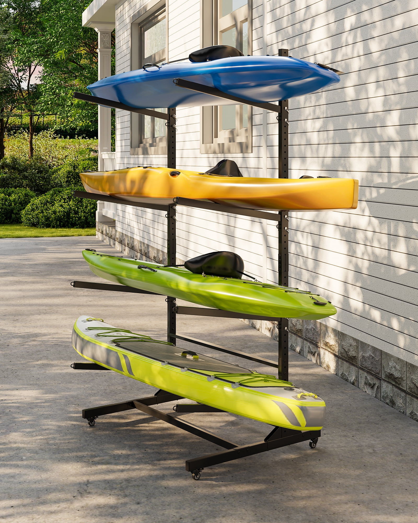 Mescukay Freestanding Kayak Storage Rack for 4 Kayaks, Outdoor Kayak Storage Racks with Wheels, Kayak Stand Heavy Duty Storage for Canoe, SUP and Surfboard