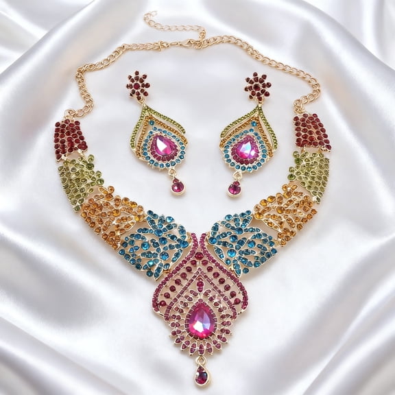 Multicolor Crystal Statement Necklace and Earrings Set for Women, Teardrop Rhinestone Leaf Design Jewelry Set for Wedding, Prom, Party, Formal Events