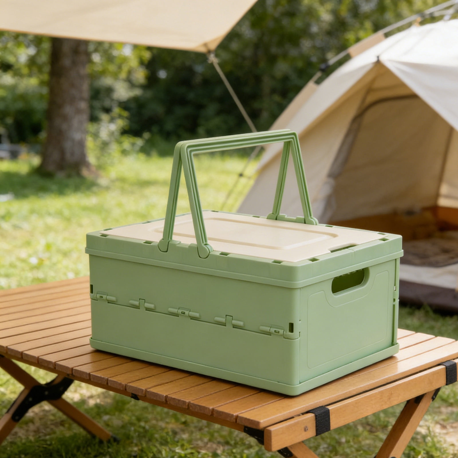 Gosuguu Foldable Storage Box with Lid & Handle | Multi-Functional Organizer for Camping & Home | 14.37x10.43x7.28in Plastic Basket in Orange, Yellow, Pink, Red, Black, Green