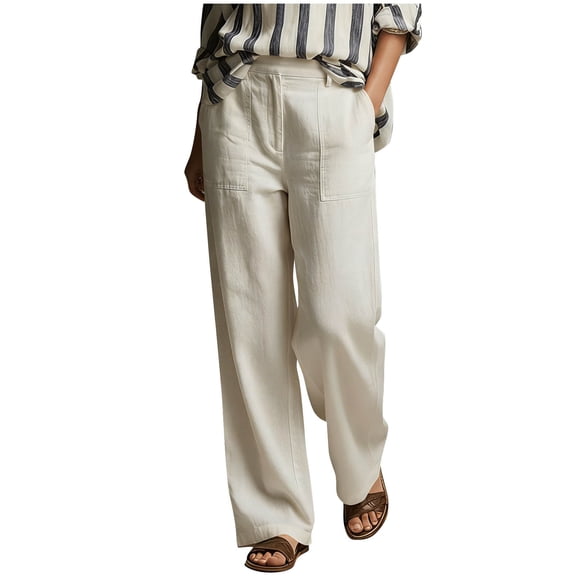 Npasoilc Wide Leg Linen Sweatpants for Women Solid Color Side Pocket Elastic Waist Casual Trousers