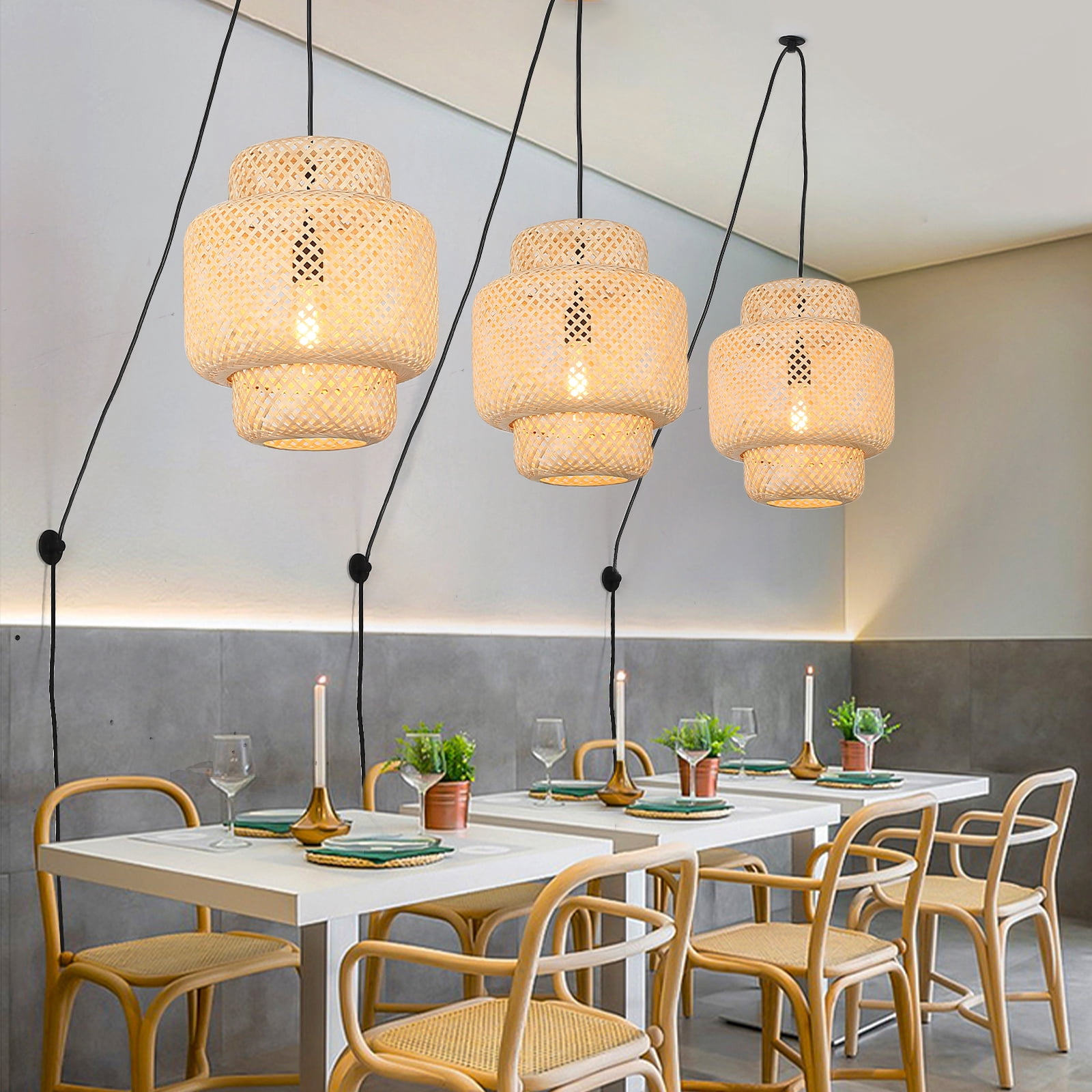 Injak Hand Woven Bamboo Pendant Lighting for Kitchen Island, Plug in Cord Wicker Ceiling Hanging Lamp, Rattan Basket Chandelier Fixture for Living Room Dining Room Restaurant (Cake Lampshape)