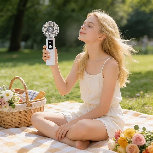 Weloille Foldable Handheld Fan 1 Pack with Power Cord, Digital Display USB Rechargeable Cooling Fan, 5 Speed Adjustable Low Noise Desktop Fan for Office Home Outdoor Travel Use