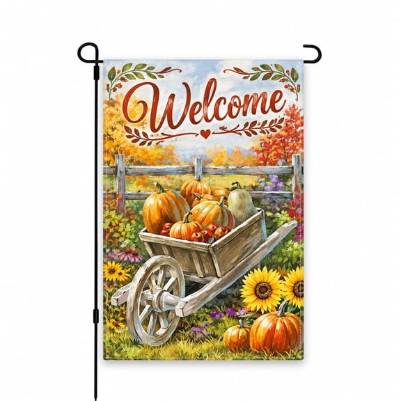 Welcome Fall Garden Flag, 12 x 18 Inch, Autumn Harvest Theme with Pumpkins and Sunflowers, Perfect for Patio, Yard Decor