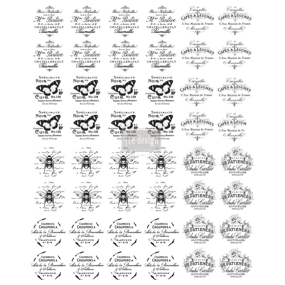 Redesign Decor Knob Transfer - French Maison - 6 designs, sheet size 10.5x8.5, black & white / rub-ons (COO - Taiwan)