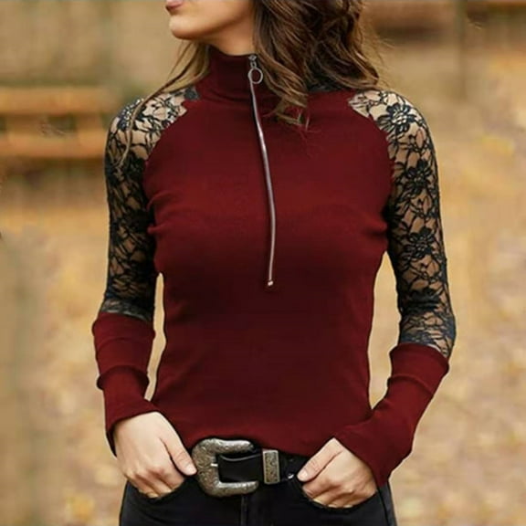 Black Long Sleeve Shirt Women Lace Sheer Sleeve Turtleneck Fall Sweaters for Women Trendy Knit Tops Goth Clothes
