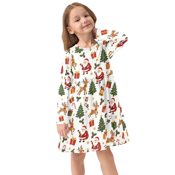 Girls Dress Soft Casual Long Sleeve Cute Dress for Girls Fashion Prints Christmas Seamless Santa Crew Neck