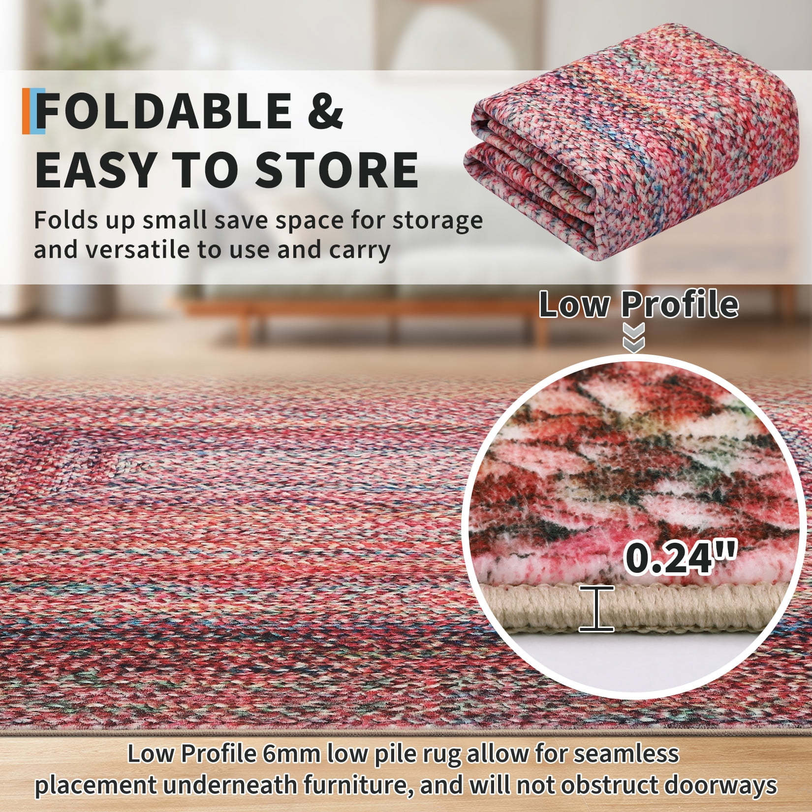HOMERRY Washable Large Rug for Living Room 8' x 10' Braided Print Modern Bordered Soft Non-Slip Indoor Carpet, Pink
