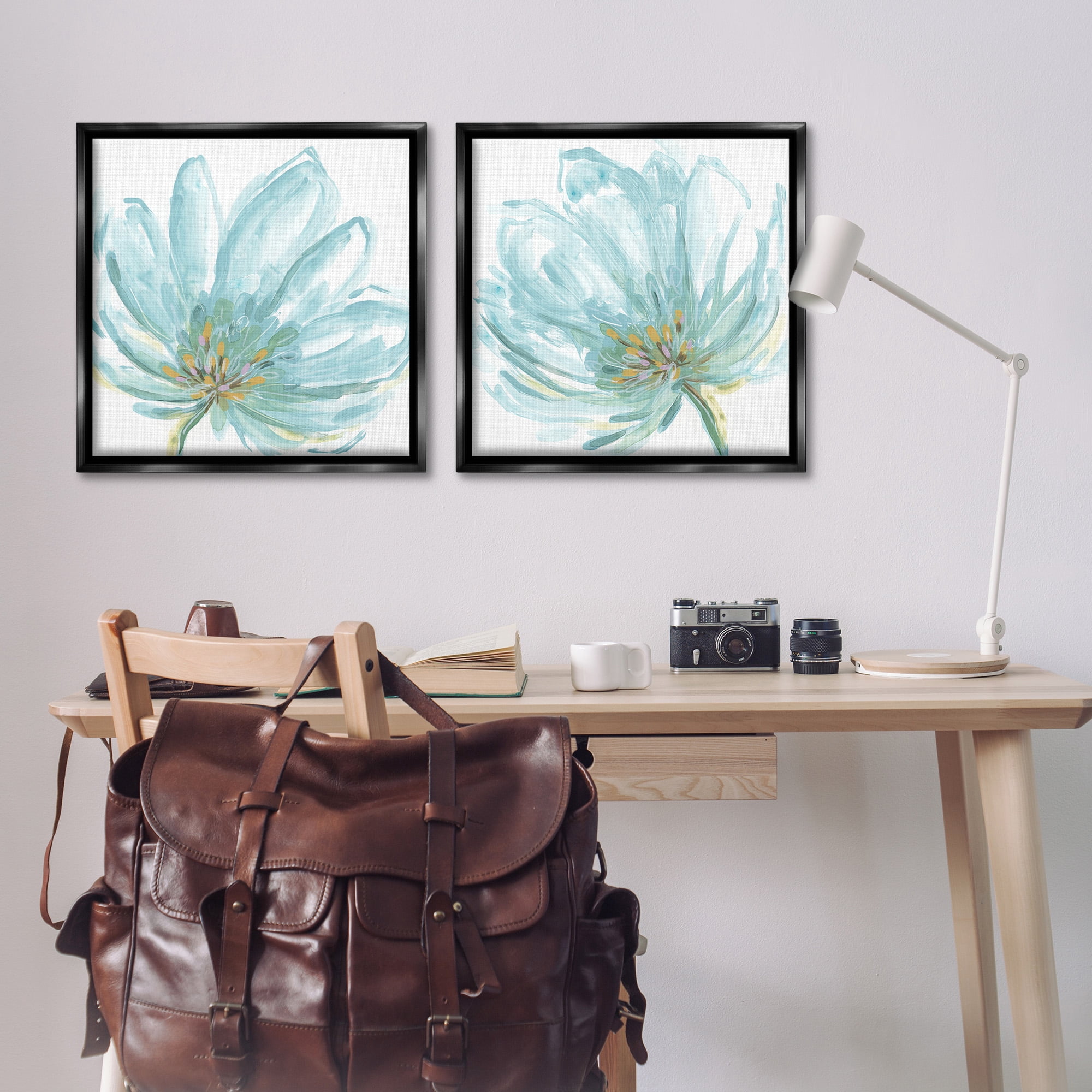 Stupell Industries Blue Blossoms on White Botanical & Floral Painting Black Floater Framed Canvas Art Print Wall Art, 25 x 25, Set of 2