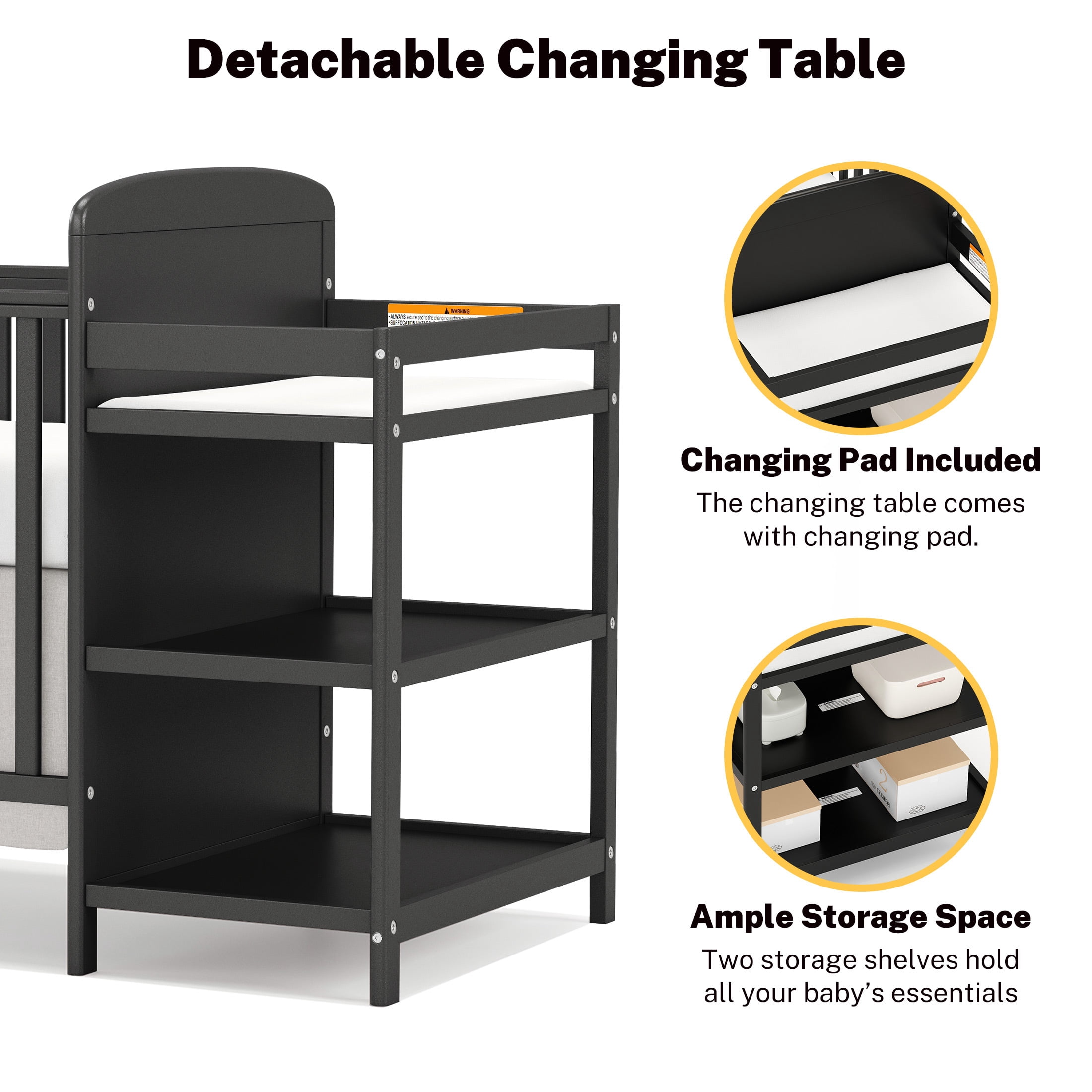 CASEMIOL Baby Crib with Changing Table 3 in 1, New Zealand Pinewood Cribs Convertible to Toddler Daybed Bed, Non-Toxic Finish, Easy to Assemble, Black