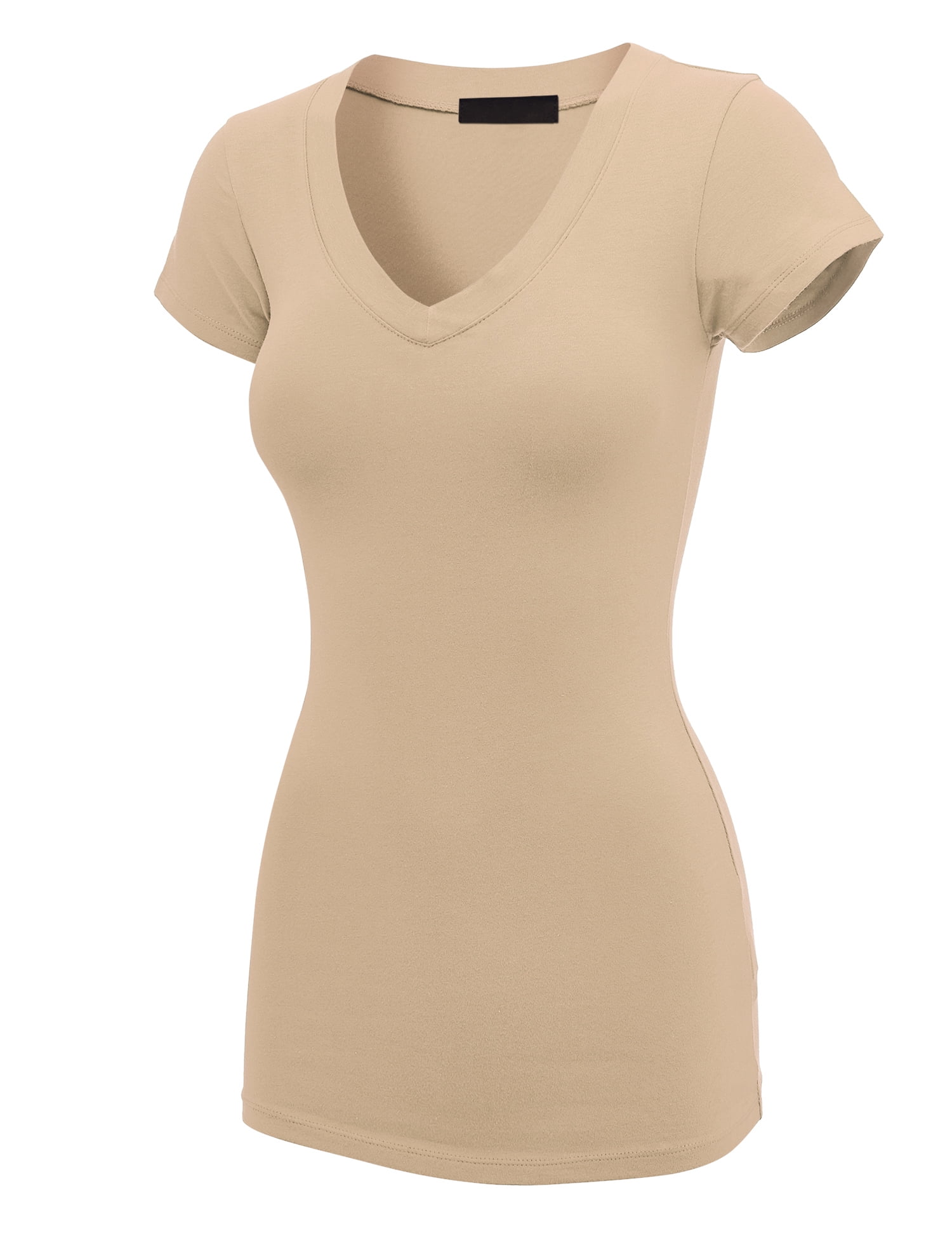 ◇KHAKIPOINT◇ Basic Uneck Tshirt ivory Made by Johnny Women's Basic Fitted Short Sleeve V-Neck T