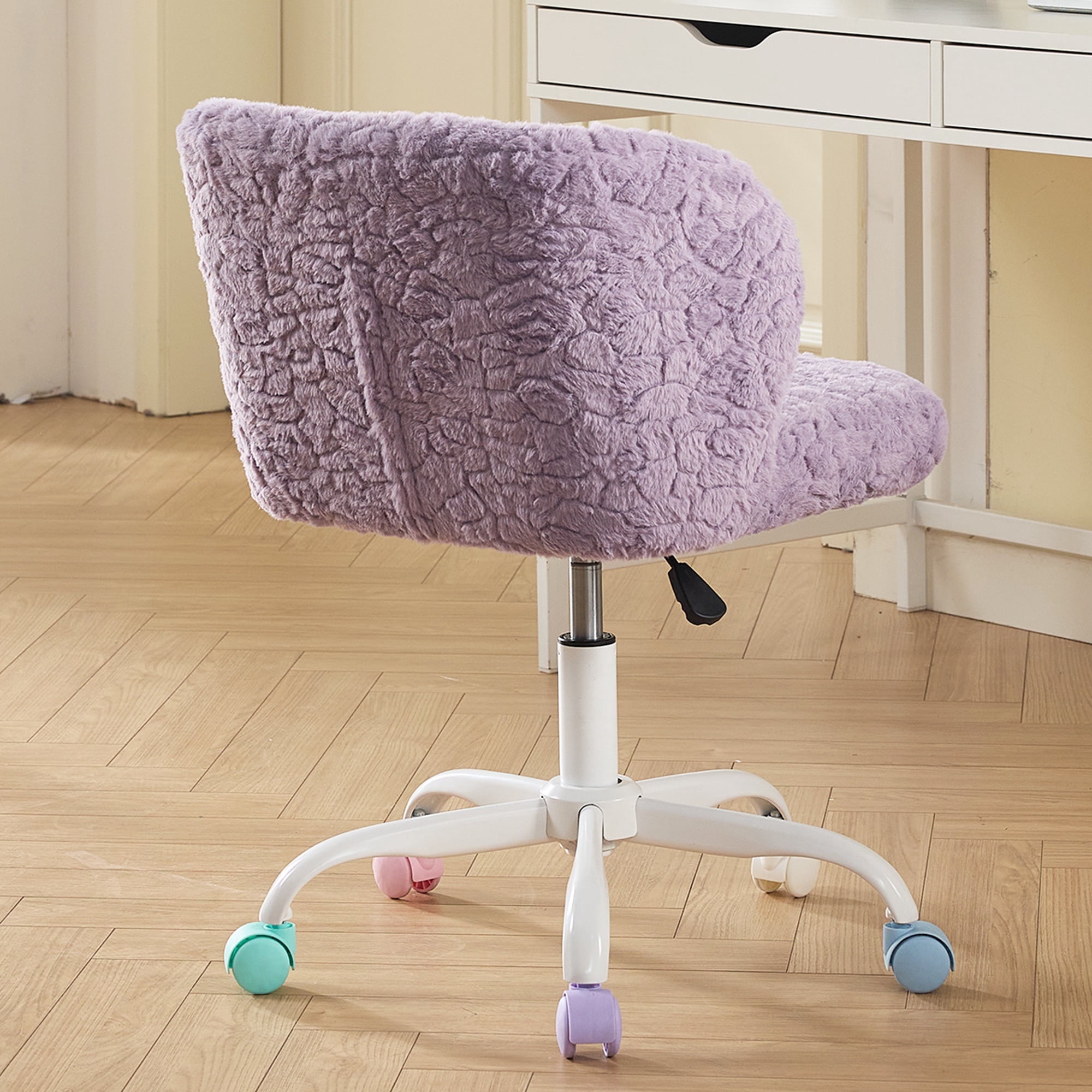 PAPROOS Vanity Chair with Wheels, Home Office Chair, Cute Makeup Desk Chair with Artificial Alpaca Wool Fabric, Adjustable Swivel Task Computer Chair for Bedroom, Violet