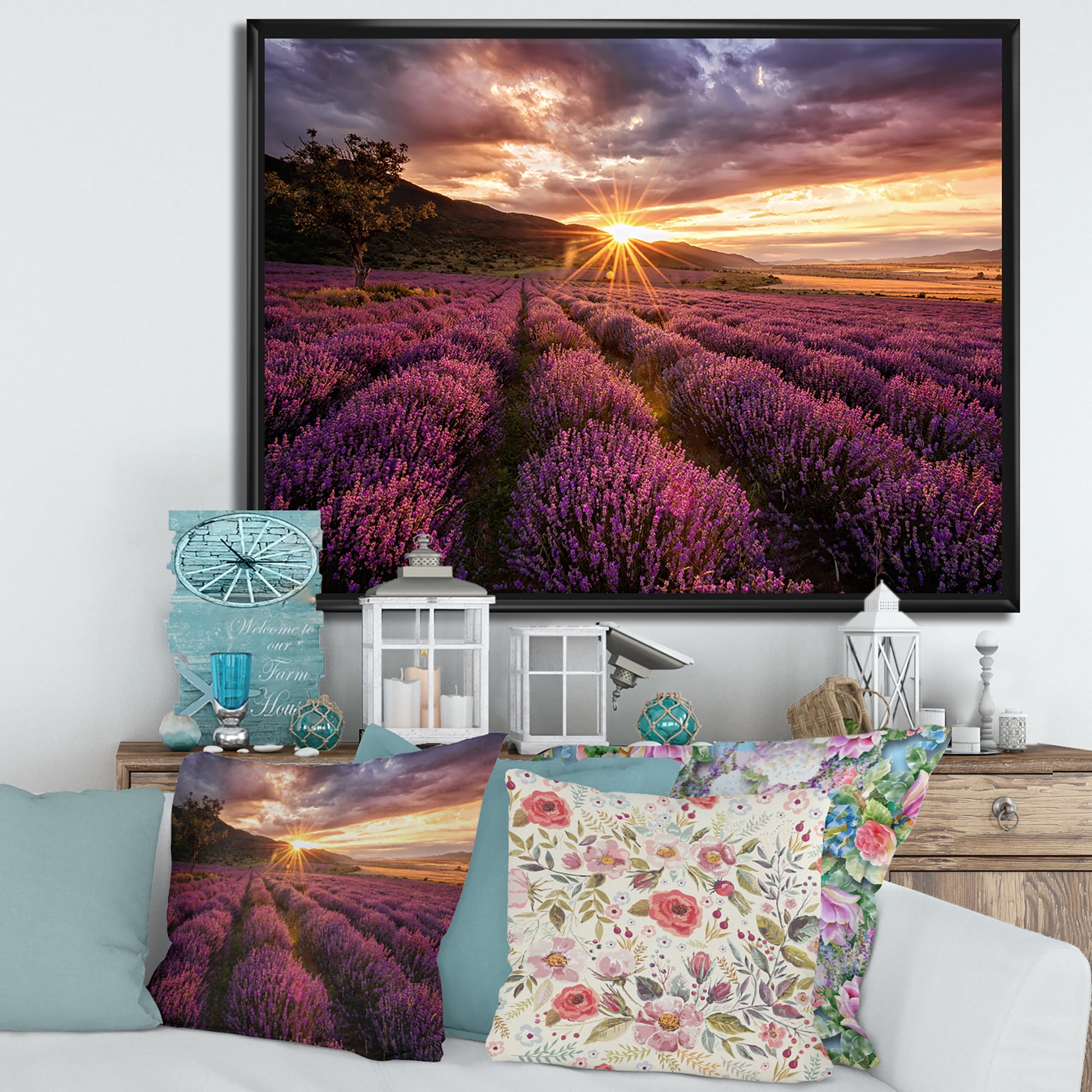 Designart 'Dramatic Clouds and Sunrise Over Lavender Field IV' Farmhouse Framed Canvas Wall Art Print