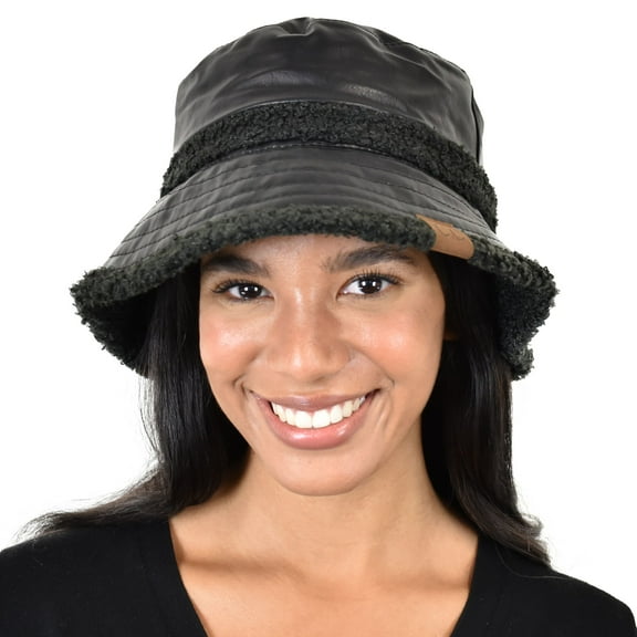C.C Women's Winter Faux Fur Teddy Style Reversible Fisherman Bucket Hat, Black