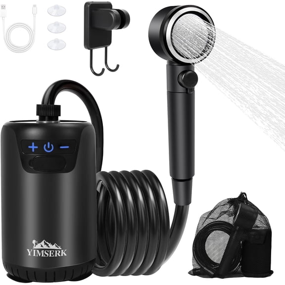 Yimserk 8000mAh Portable Camping Shower, 10-Speed Camp Shower Pump, LED Display, 4 Spray Modes, IPX8 Waterproof Outdoor Shower Kit for Hiking, Travel, Pet, Car Wash