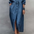 thumbnail image 4 of Morttic Women's Elegant Lapel Long Sleeve Button Down Shirt Dress – Drawstring Waist Casual Split Dress with Side Pockets Navy Blue，L, 4 of 5