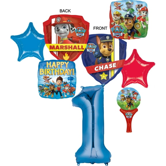 PAW PATROL 1st BIRTHDAY PARTY 7 PIECE BALLOonS BOUQUET DECORATIonS CHASE MARSHALL including 12" Hand Held Balloon