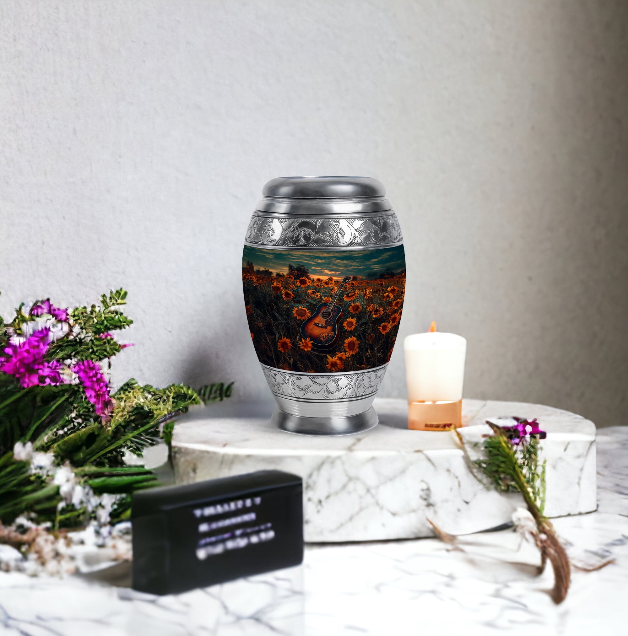 MUKTIVE Guitar & Sunflowers Cremation Urns for Human Ashes for Male Keepsake - Blue Small Funeral Urns for Human Ashes for Men - Memorials Ash Holders - Remembrance Gift for Loss of Mother (3 Inch)