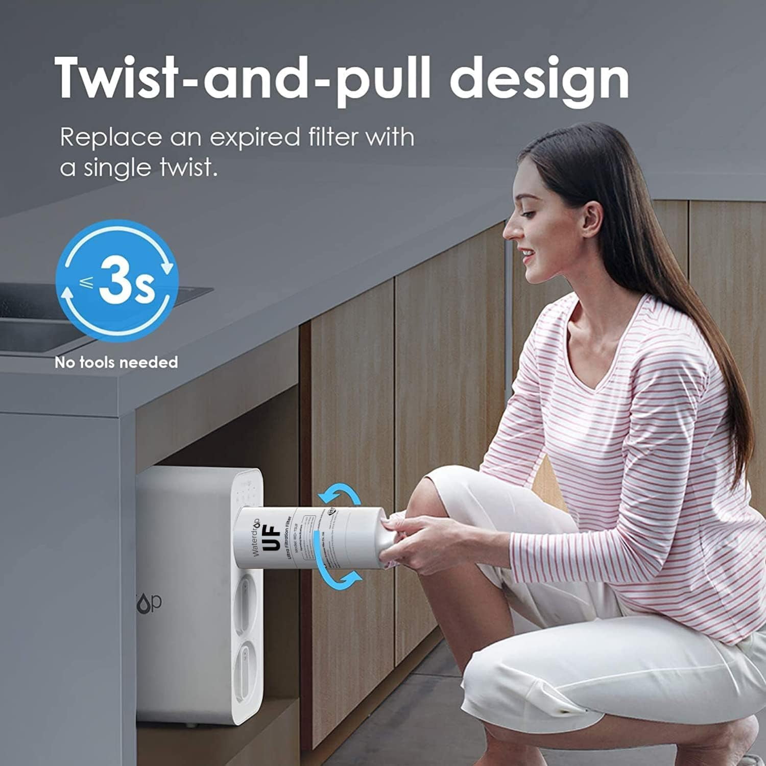 Waterdrop TSUF Ultra-Filtration Under Sink Water Filter,  0.01 Micron, Replacement TSU-W 3-Stage Ultra-Filtration Under Sink Water Filter System, 4000Gallons High Capacity. 1 Pack