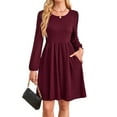 thumbnail image 3 of Women'S Dress Long Lantern Sleeves Round Neck Flowing A-Line Skirt Autumn Fashion Wine Red S, 3 of 10