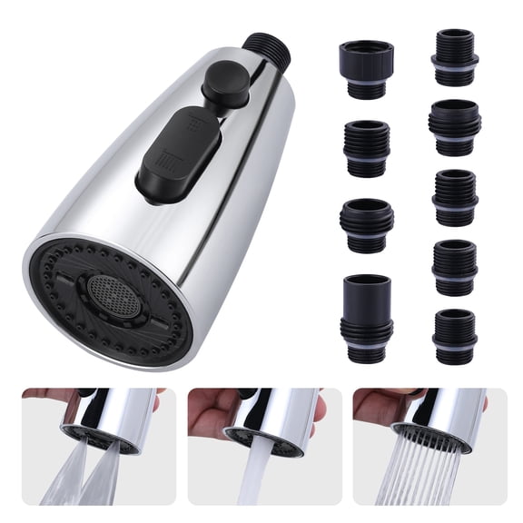 Wowow Kitchen Faucet Head Replacement Chrome, 3 Function Pull Out Spray Nozzle with 9 Adapters for Kitchen Sink Faucet,US Standard for Moen Kohler Delta Faucets G1/2 Male Connector