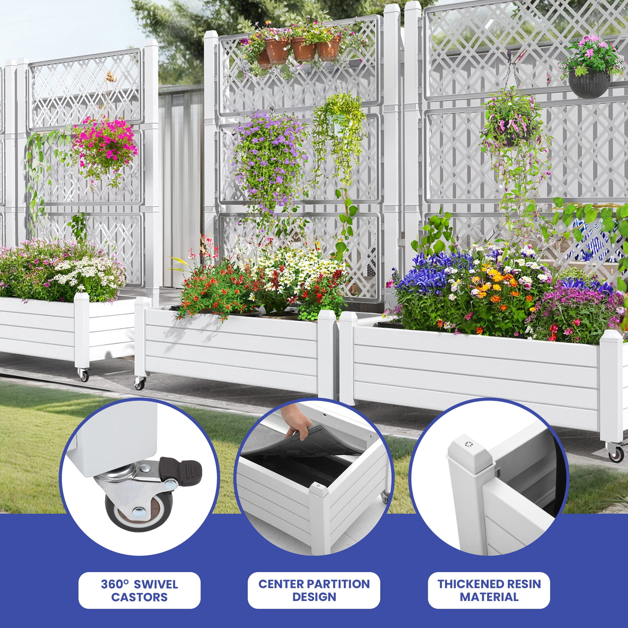 Uforic Large Planter Box Trellis, Outdoor Raised Garden Bed with Drain Plug and Lockable Wheels,for Climbing Plants, 3.6x1.5x5 FT-White