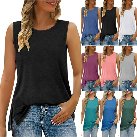 Otntypg Womens Summer Flowy Tank Tops Sleeveless Round Neck Solid Color Casual Side Hem Blouse Loose Fit Basic Tunic Tees Shirt Black L