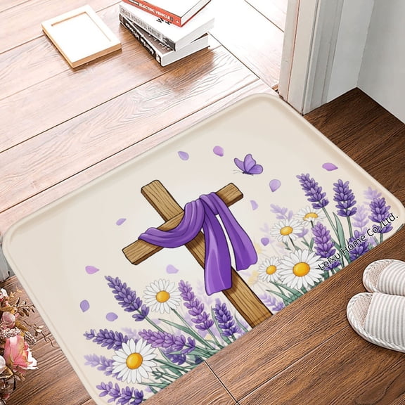 FJPT Non Slip Flannel Polyester Floor Mat With Christian Cross Lavender And Daisy Design For Bathroom Kitchen Bedroom Decor 31.5x19.7 inch