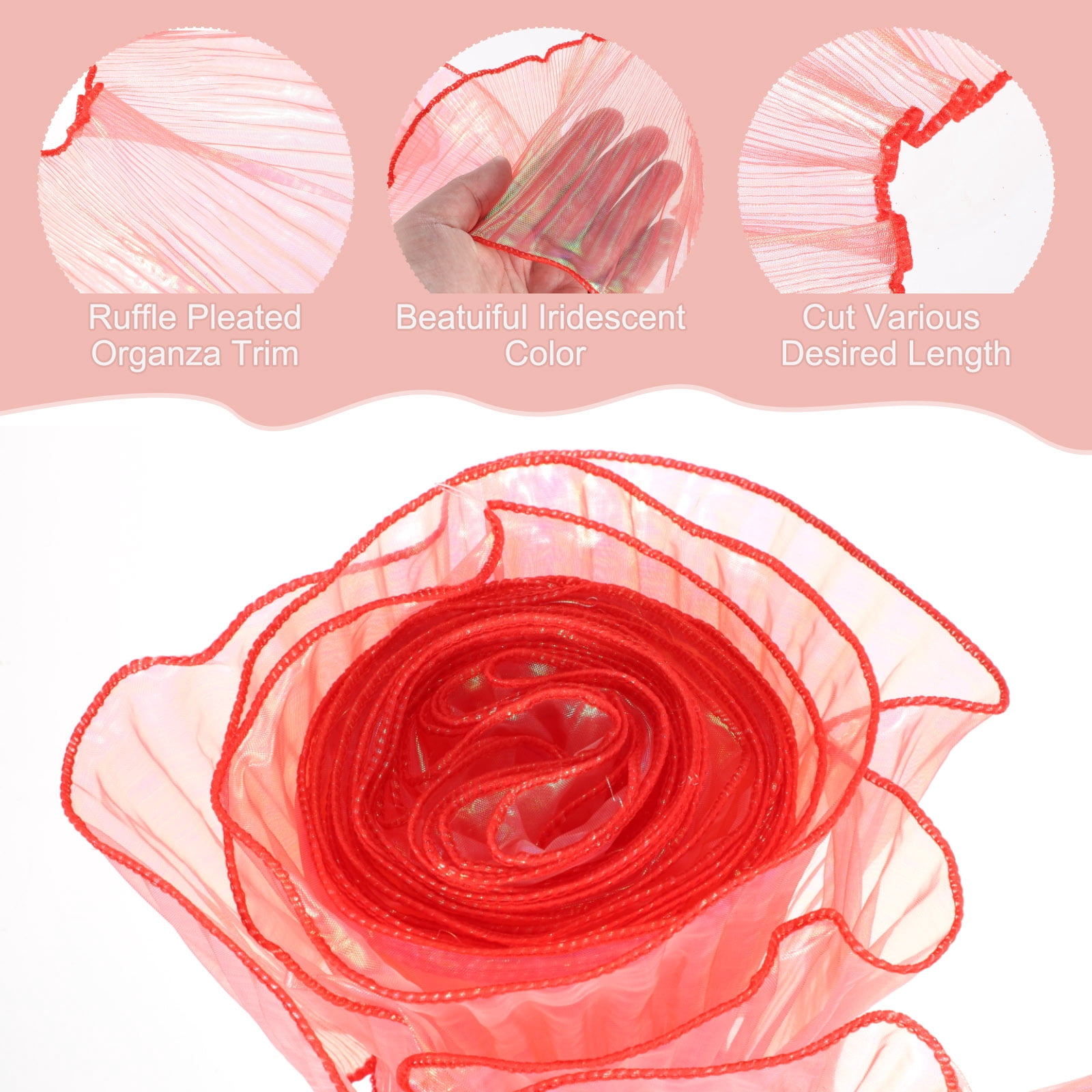 5.5" x 11 Yards Ruffle Pleated Organza Trim Iridescent Pleated Lace Trim Ribbon for DIY Craft Dress Clothing Wedding Gift Home Decoration, Red
