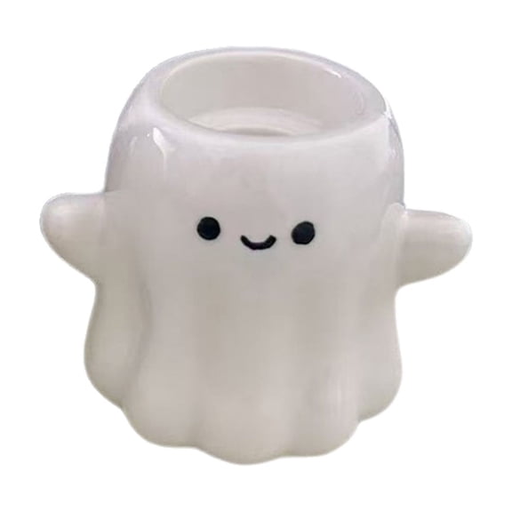 Halloween Ghost Candle Holder, White Ceramic Cute Ghost Candlestick , Glossy Desktop Ornament, Holiday Tabletop Decoration for Home and Office,2.9X3.5In